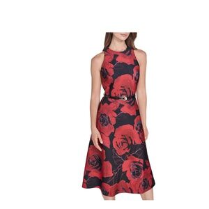 HALSTON Belted Floral A-Line Midi-Dress